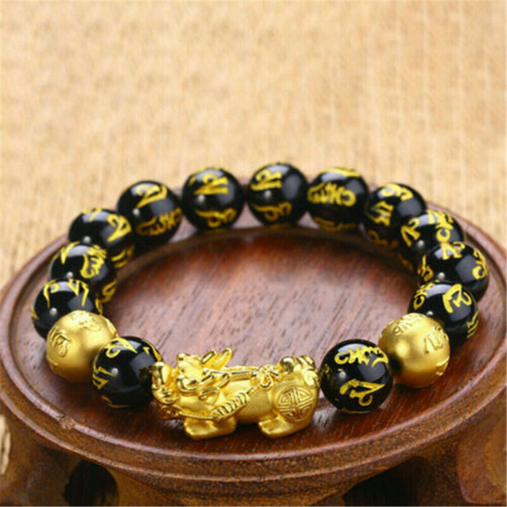 Feng Shui Black Obsidian Alloy Wealth Golden 'Pixiu' Bracelet Good Lucky Jewelry