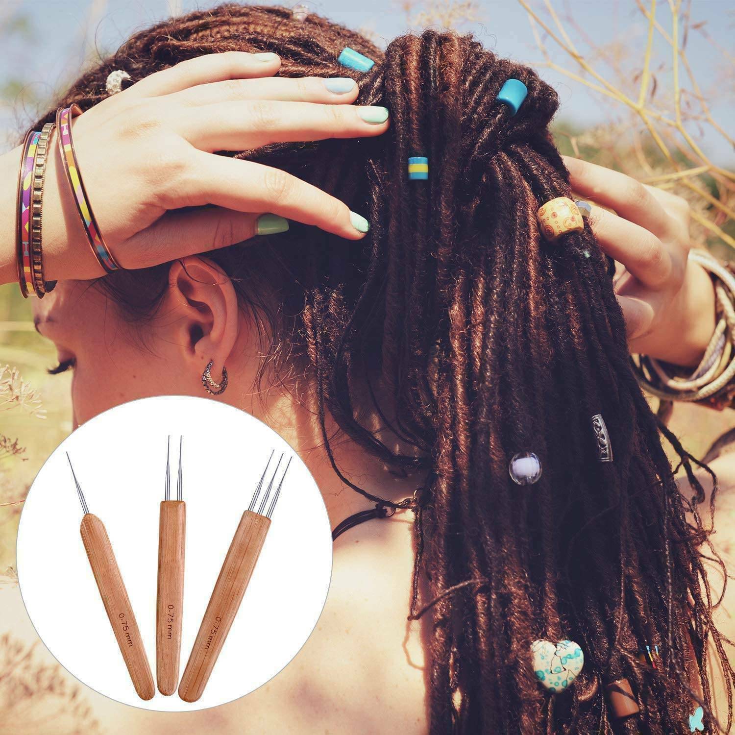 3PCS Bamboo Crochet Dreadlock Hook Needle Dread Set Braiding Hair Making Tool