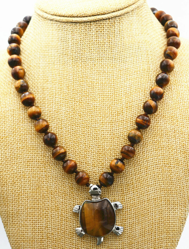 18" Beautiful 10mm African Roar Tiger's Eye Turtle Pendant Necklace AAA