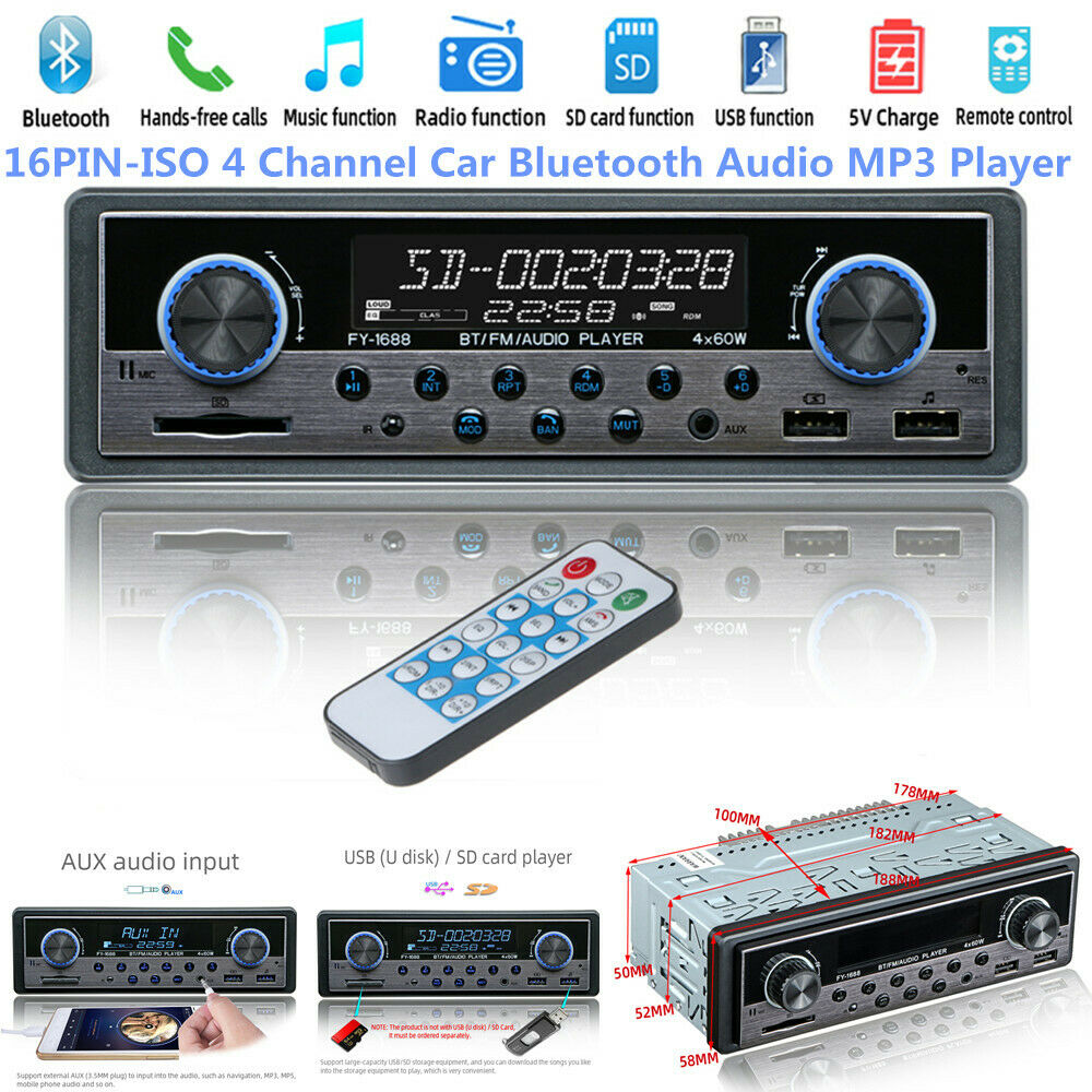 16 PIN-ISO 4-Channel Digital Car Bluetooth Audio USB/SD/FM/WAV MP3 Player Unit