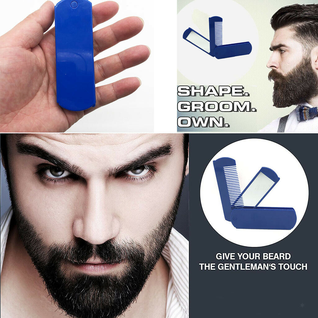 Foldable Travel Beard Comb Mustache Shaving w/Makeup Mirror for Pockets Blue