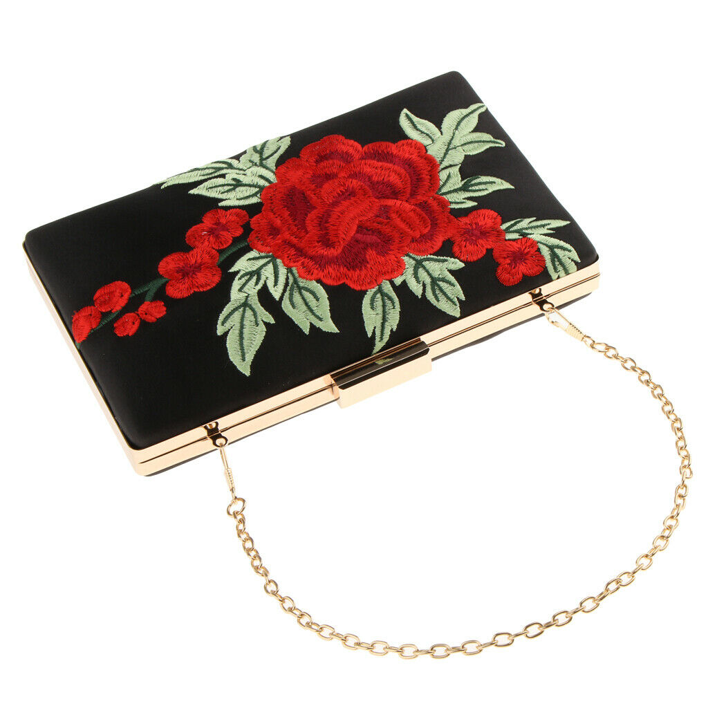 Elegant Embroidered Rose Flower Shoulder Chain Bag Evening Prom Clutch Purse