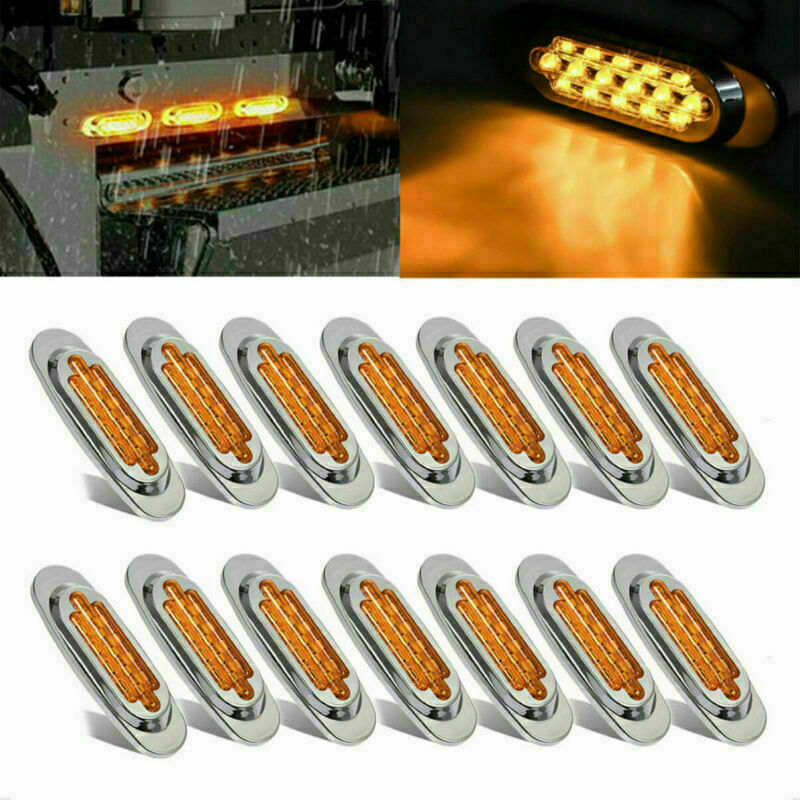 14pc 12V 6-1/2" Clear/Amber Trailer Side Marker Turn Signal Chrome 16-LED