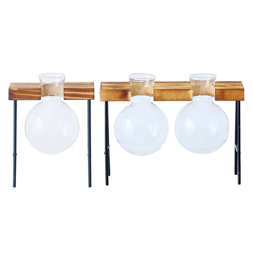 Set of 2 Hydroponic Glass Planter Container in Wooden Stand Plant Stand