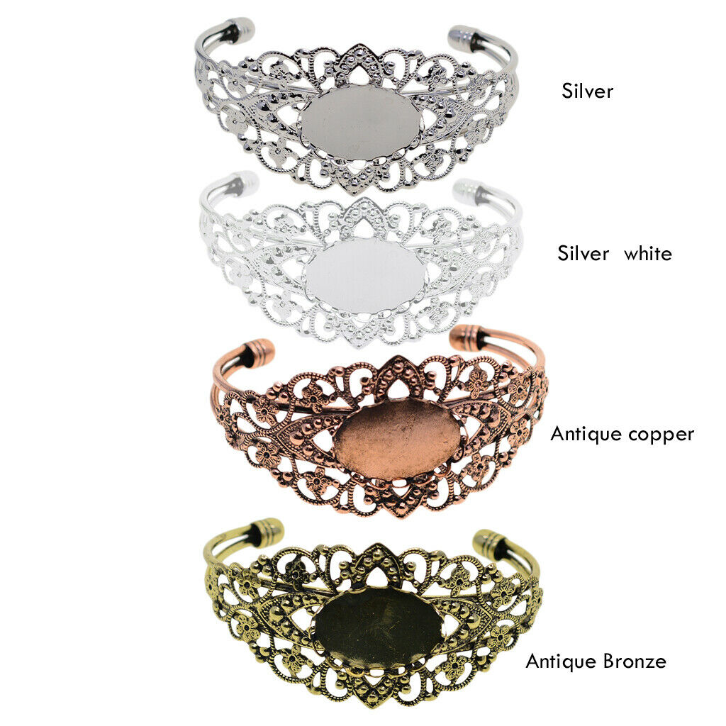 2 Pcs Filigree Flower Adjustable Bangle Blank Bezel Base Settings Bracelet