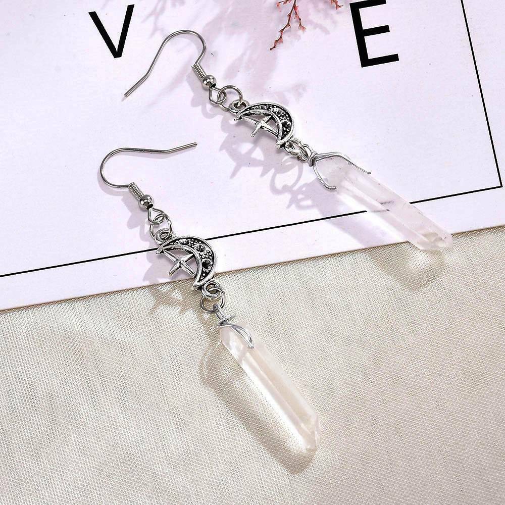 Clear Quartz Moon Earrings - Boho, Witchy, Natural Stones, Esoteric, Celestial~