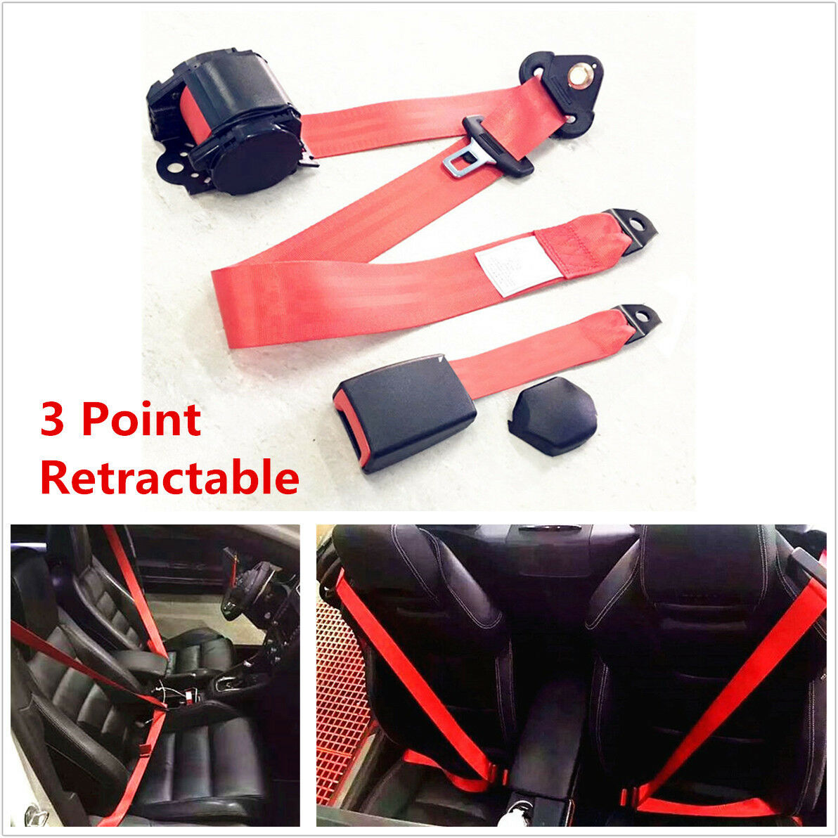 Car Seat Belt Lap 3 Point Retractable Adjustable Safety Seat Belt Universal -Red