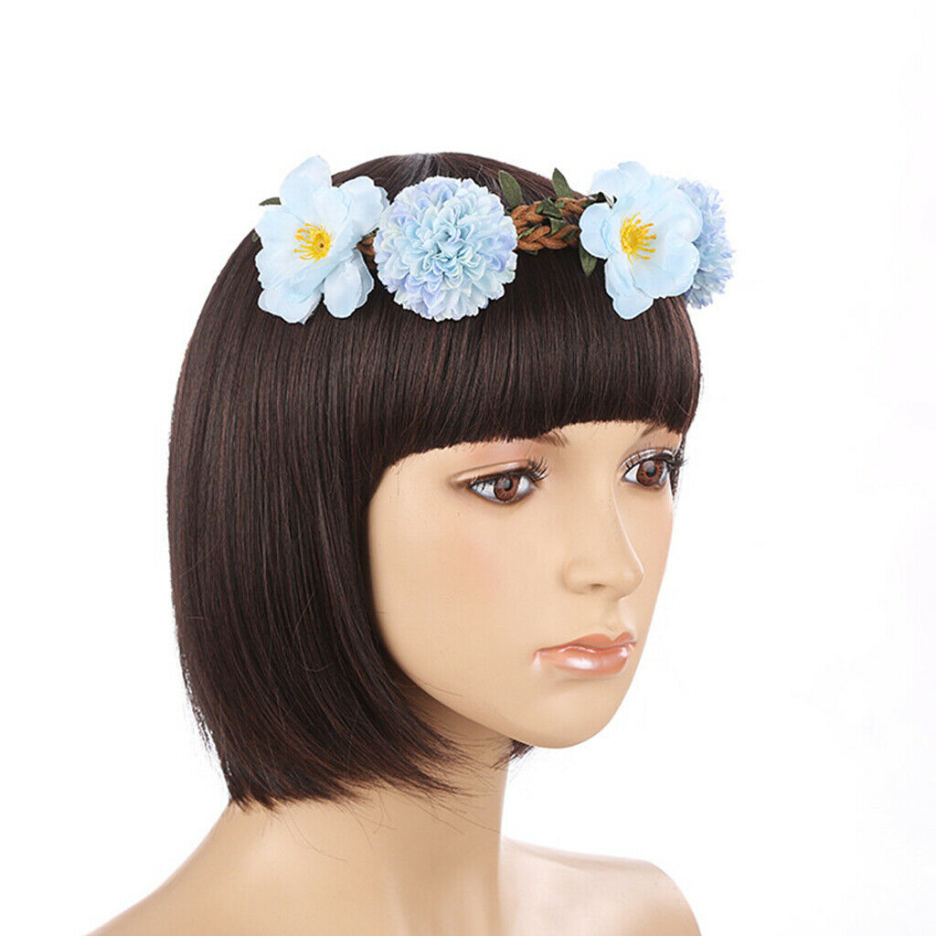 Sweet Baby Blue Flower Leaf Garland Hairband Bridal Wreath Elastic Headband