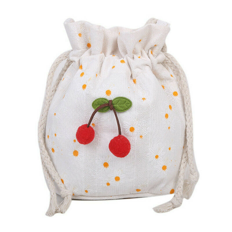Girls Bucket Bag Canvas Floral Crossbody Handbag Drawstring Sack Cherry Ornament