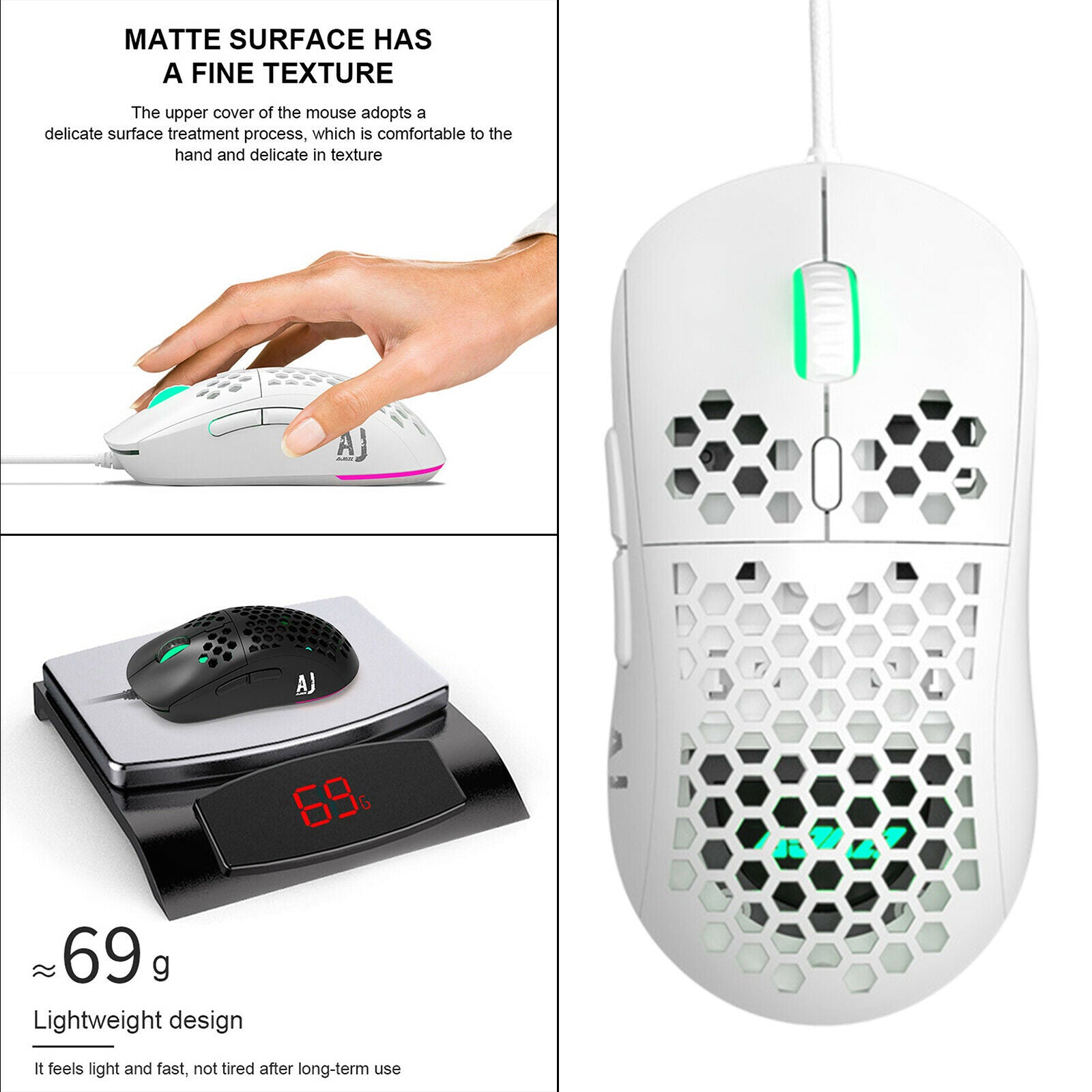 380R RGB Gaming Mouse Wired Honeycomb Design for Laptop Breathable 65g White
