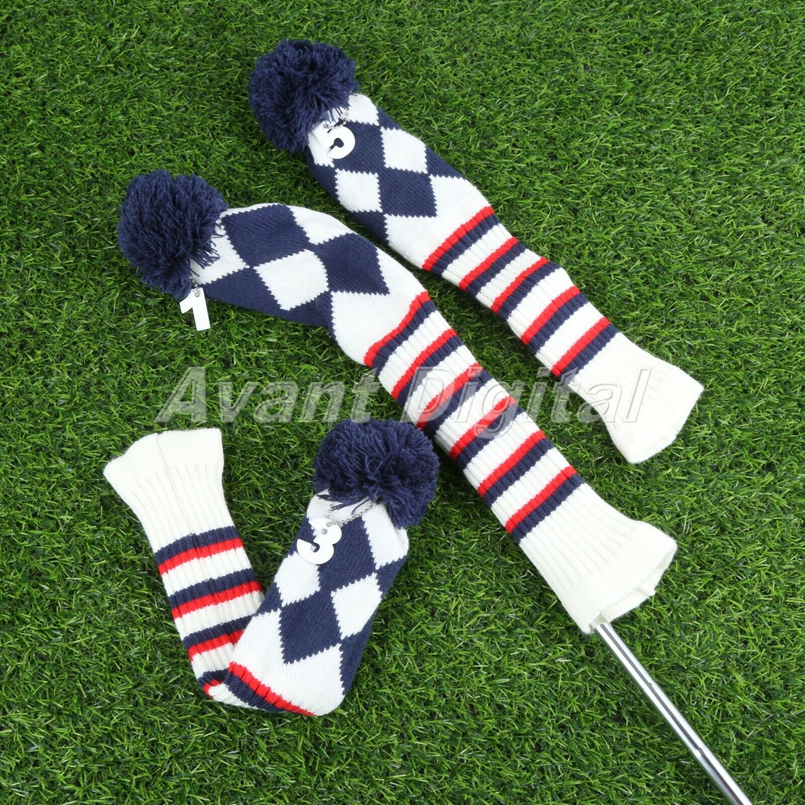 3Pieces Golf Head Covers Knitted Striped Pom Pom Soft Wood Protective Cover Case
