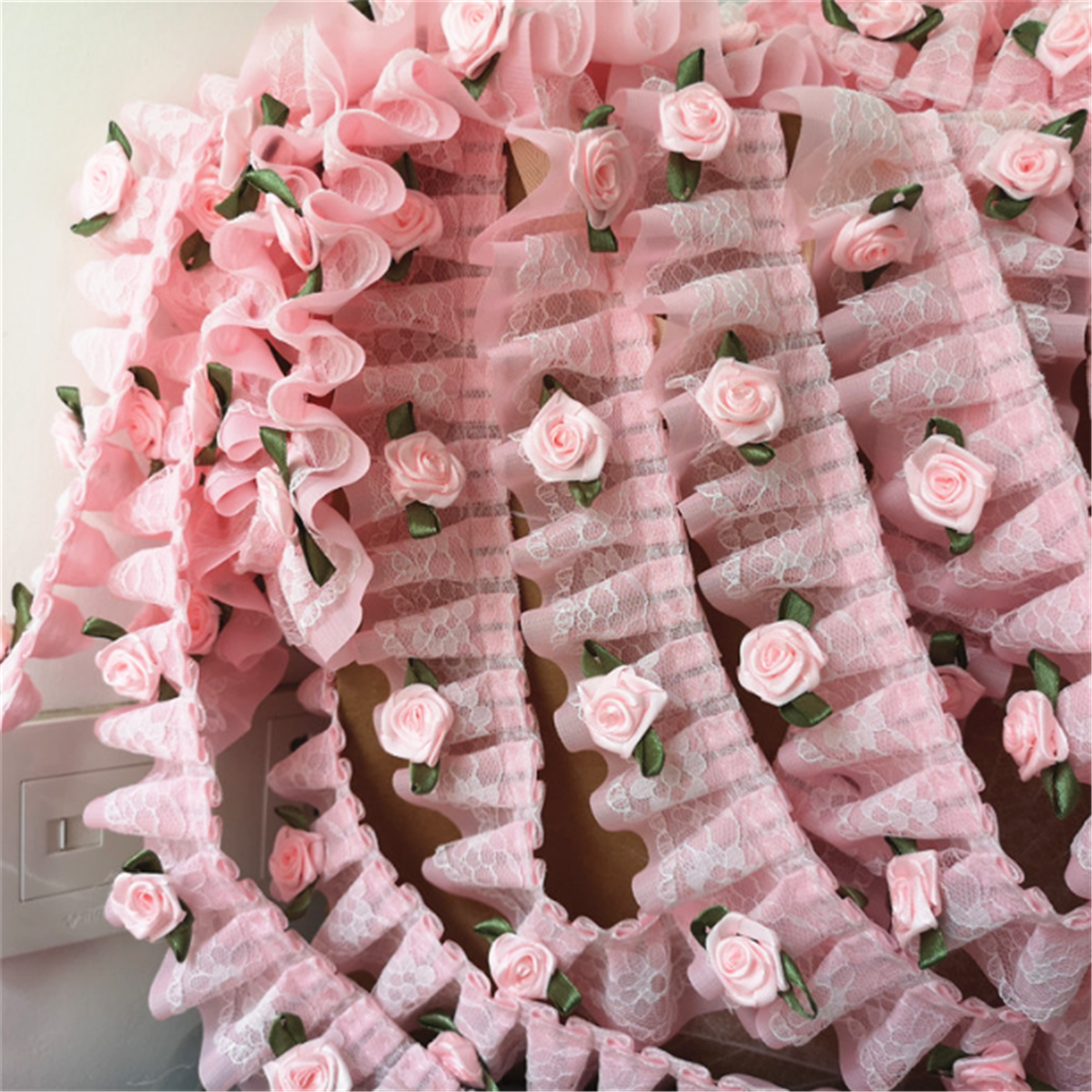 3Pc Camellia Ruffled Flower Lace Trim Applique 1yard Chiffon Rose Bridal Wedding