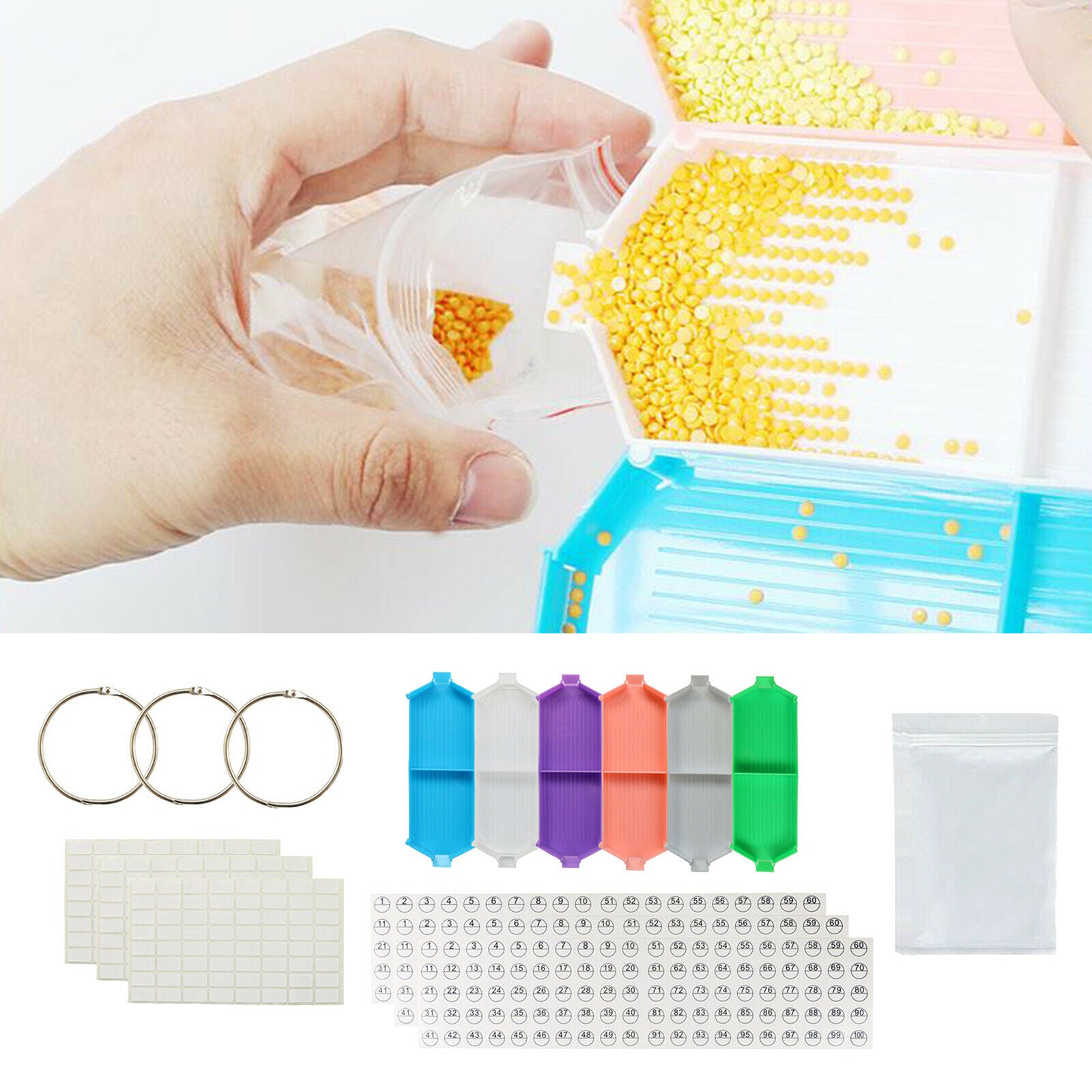 115Pcs 5D Diamond Painting Tools Tray Stickers Resealable Bag Binding Rings