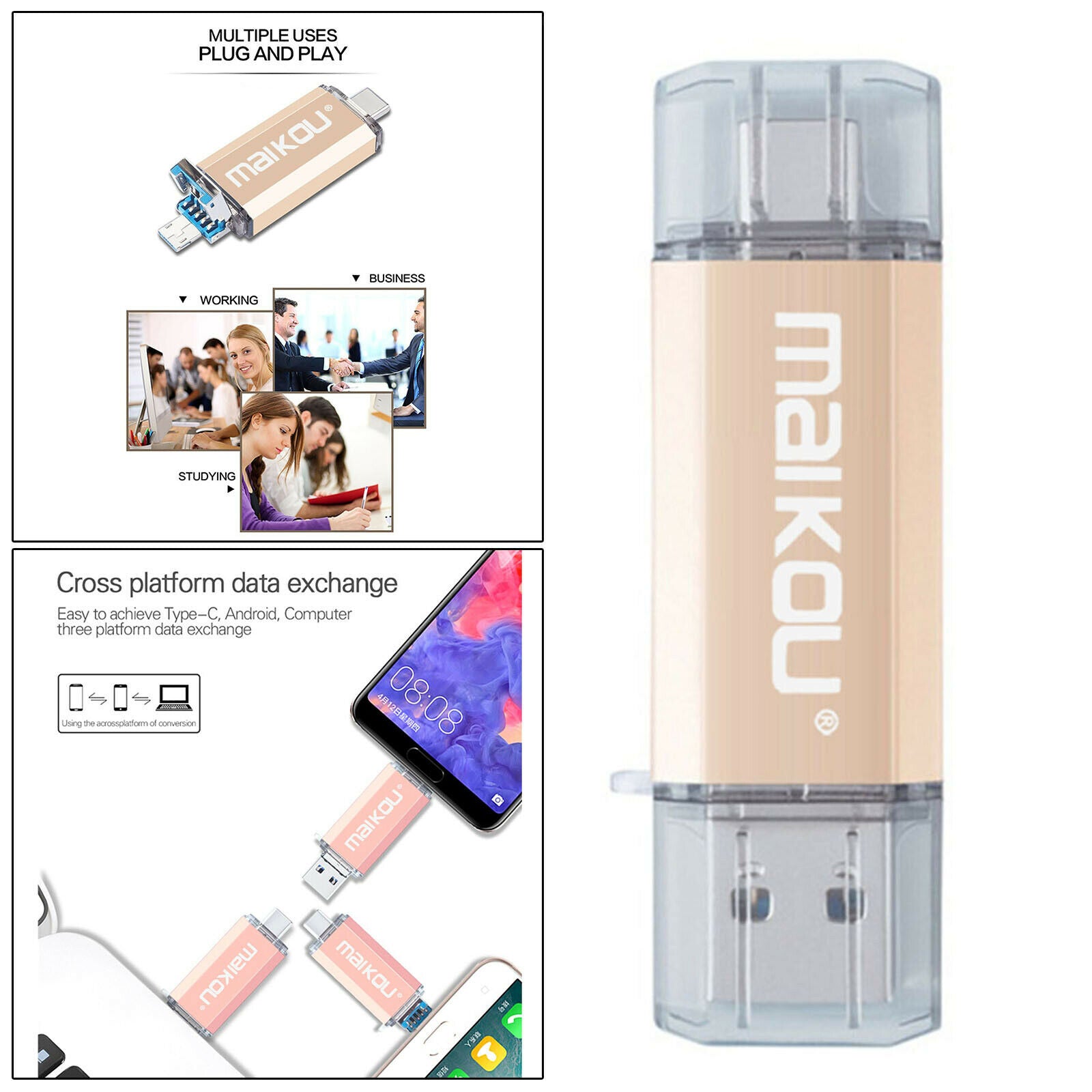3-in-1 16G USB Flash Drive Type-C Micro USB Memory Stick Compact