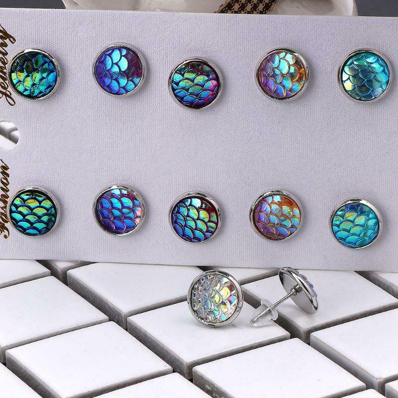 6 Pairs Beauty Fish Scale Round Crystal Assorted Stud Earrings Set Women Jewelry
