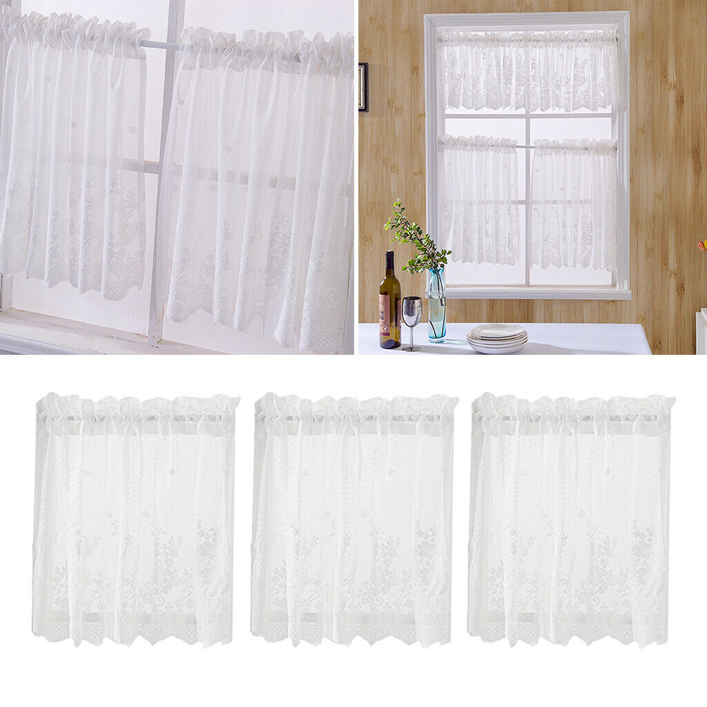 3Pcs Embroidered Lace Window Tiers Half Curtain White Height 61cm Width 74cm