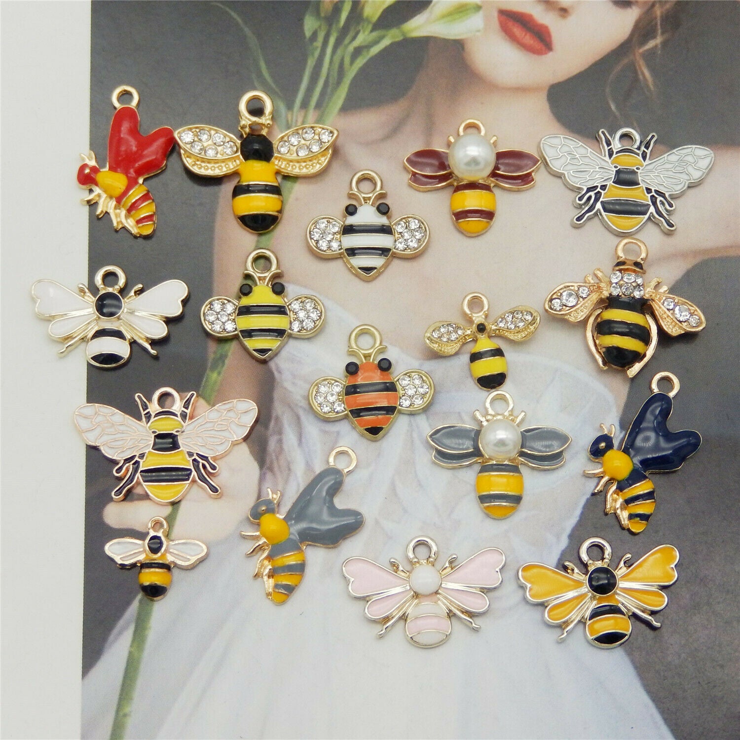 15 Mix Alloy Honeybee Enamel Charm Bee Bubblebee Pendant Winged Insect Jewelry