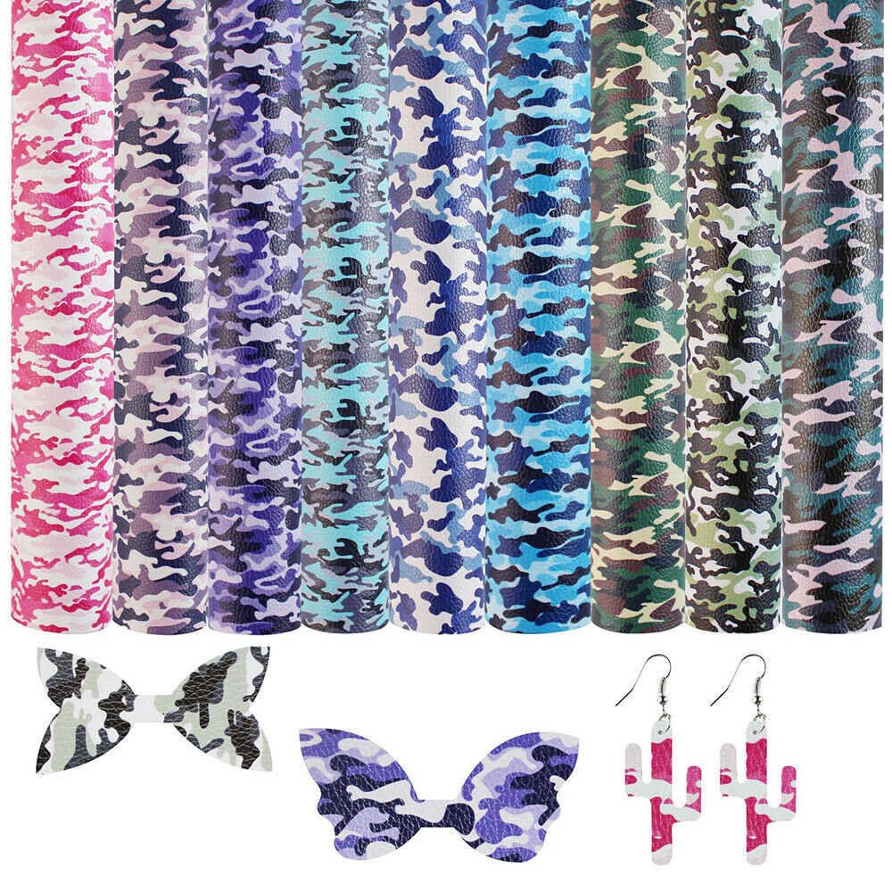 9Pcs DIY Camouflage Faux Leather Fabric for Earrings Wallet Bows Making Material