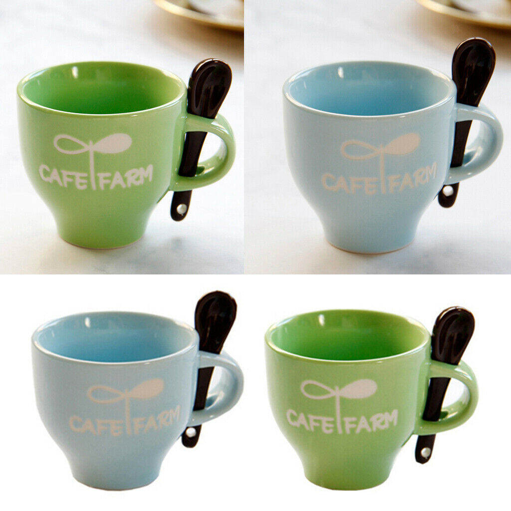 Set of 2, Mini Ceramic Coffee Mugs Espresso Cups w/ Spoon 4oz Green Blue