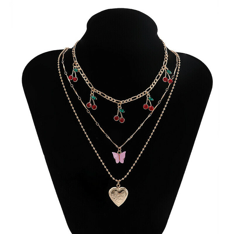 Acrylic Butterfly Heart Pendant Necklace Women Multilayer Cherry Choker J.l8