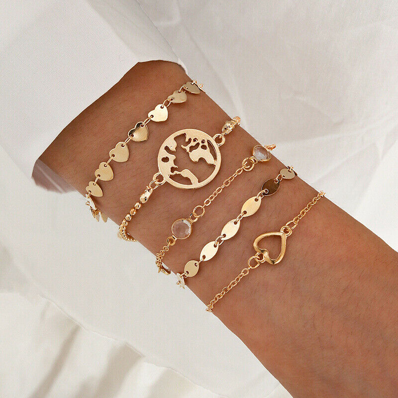 5Pcs Geometric hollow heart Women Tassels Leaves Circular Chains Bangle J.l8