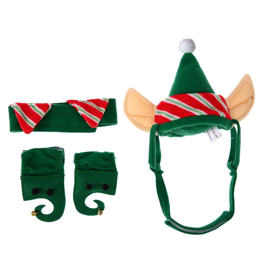 4pcs Pet Hat Set Warm Dogs Cats Christmas Green Hat+Necklace+Feet Sleeve @