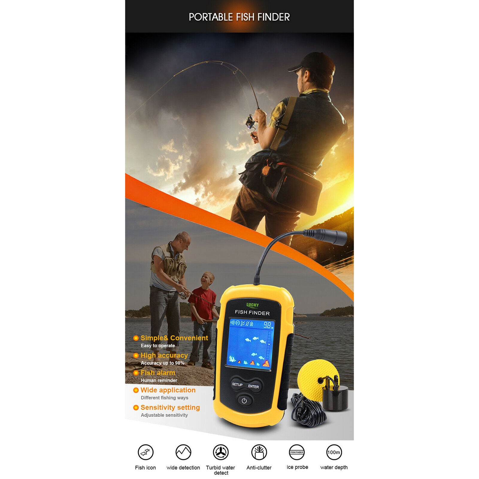 Smart Fish Finder Rechargeable Sonar Sensor Dot Angling Fishing Tool