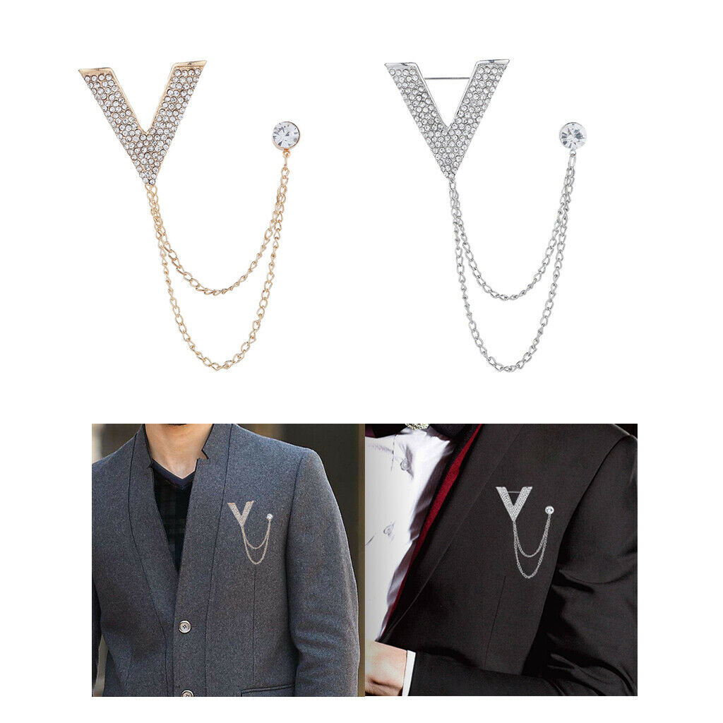 2x Crystal V Brooch Chain Collar Lapel Pin Wedding Party Tuxedo Shirt Stud