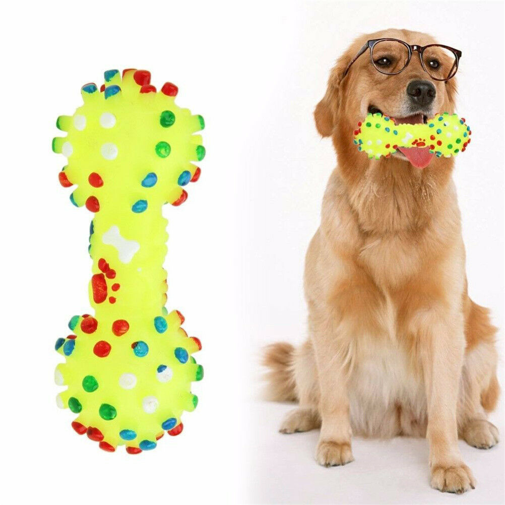 Dotted Dumbbell Shaped Dog Toys Squeeze Squeaky Faux Bone Pet Chew To.l8