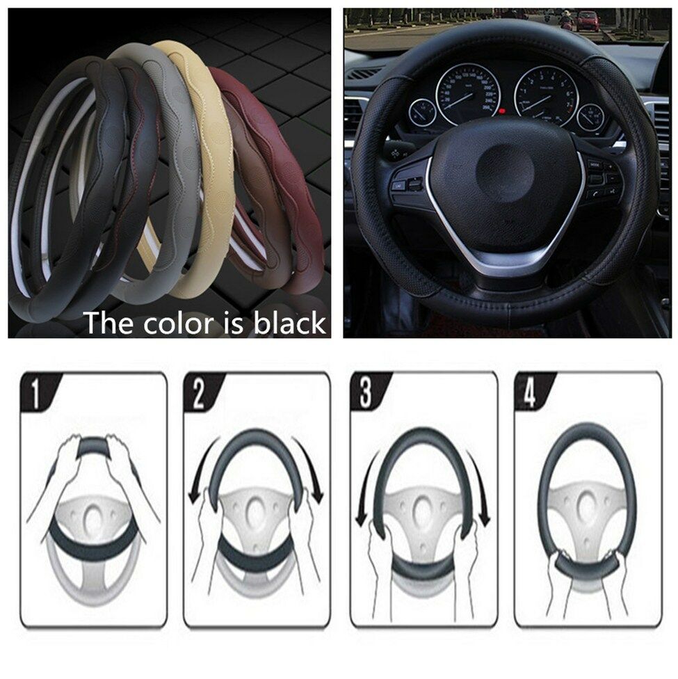 38cm Black PU Leather Car Steering Wheel Cover Skid-proof Fashion Sport Design