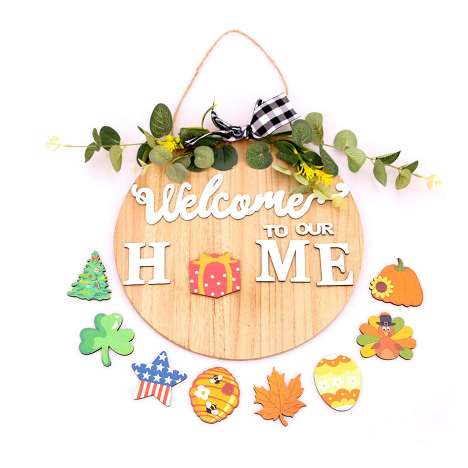 Front Door Decor Wooden Seasonal 11.8 inch Round Icons for All Seasons