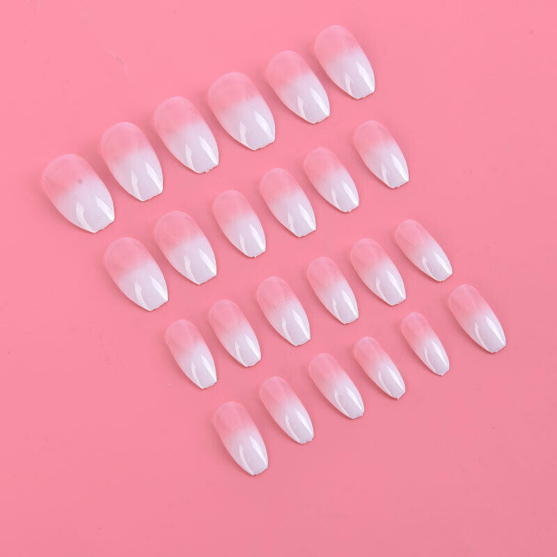 White Gradient French False Glue Nails Art Acrylic Full Cover Tips Manicure Kt