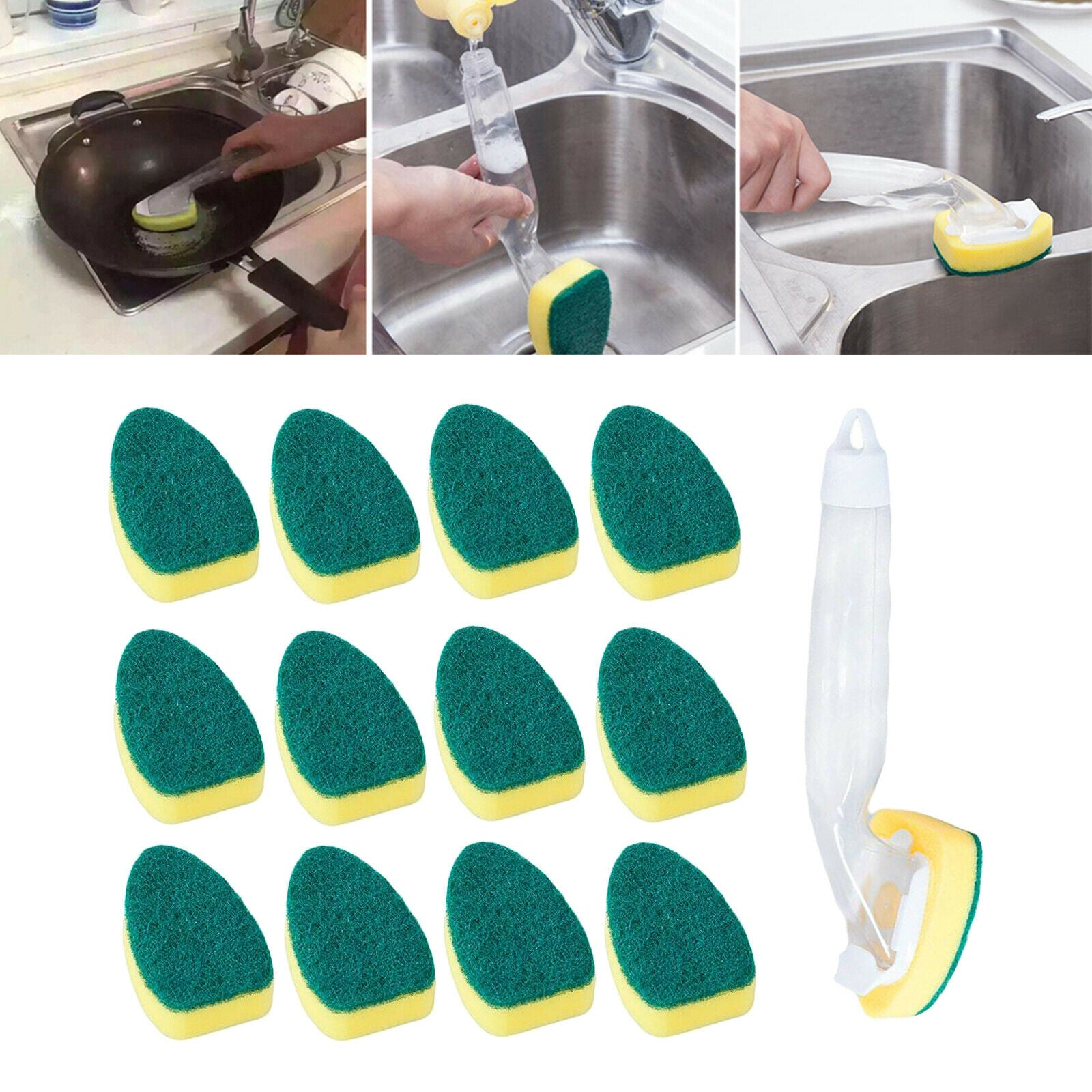 Kitchen Dish Wand Scrubber Brush w/ 12pcs Spare Sponges for Pan Pot Cleaning