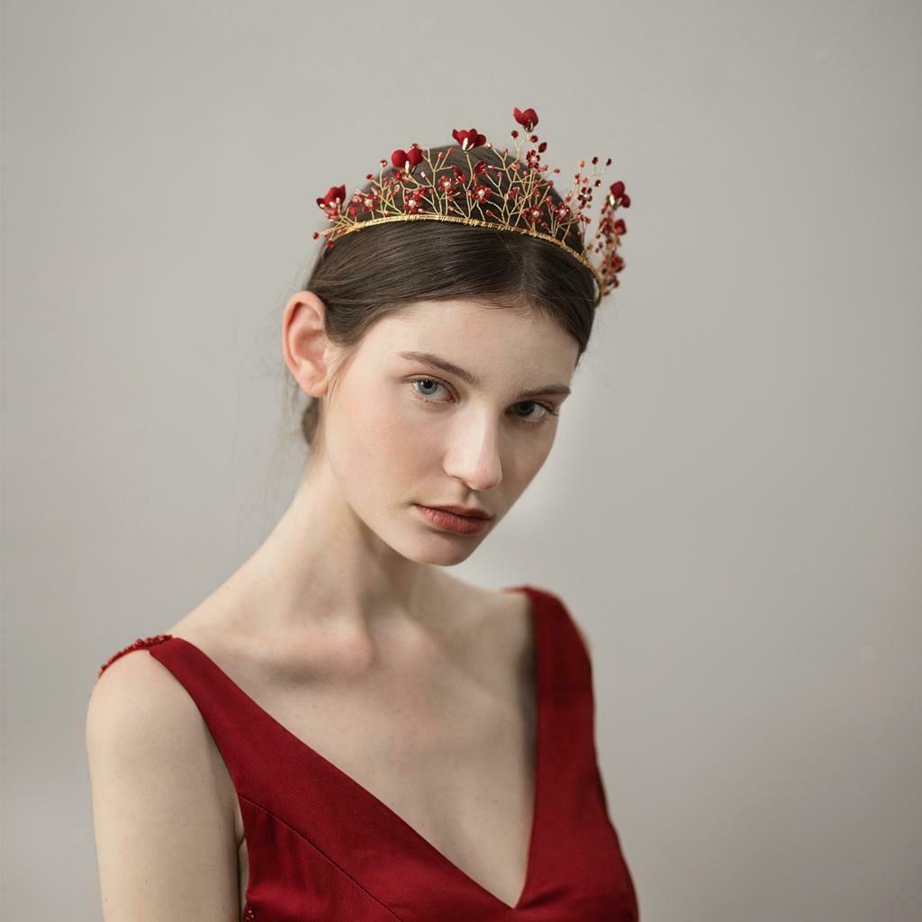 Bride Crown Headband Red Tiara Hair Band Party Headwear Headdress Headpiece