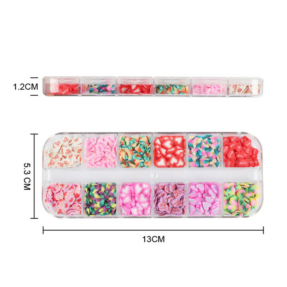 12 Grids Heart Nail Art Decoration Polymer Clay Slices Nail Art Decals Tips US