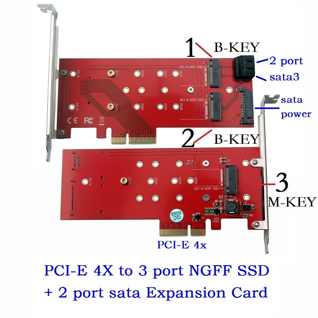 High Speed PCI Express PCI-E 4X to 3 port NGFF SSD + 2 port sata3 Expansion Card