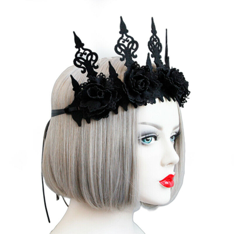 Dark Black Gothic Queens Flower Crown Hairband Headband Halloween Party C.l8