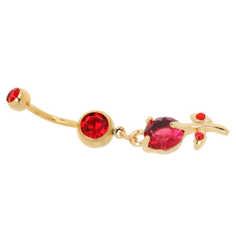 Red Rhinestone Flower Belly Button Ring Navel Bar Body Piercing Jewelry