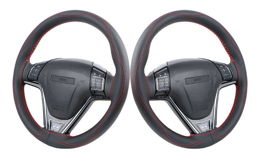 38cm Black  &Blue Suture Micro Fiber Leather Handmade Car Steering Wheel Covers