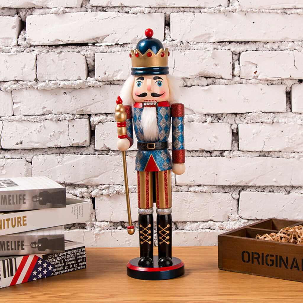 38CM Wooden Hand Painted Glitter Nutcracker Xmas Decor King with Sceptre