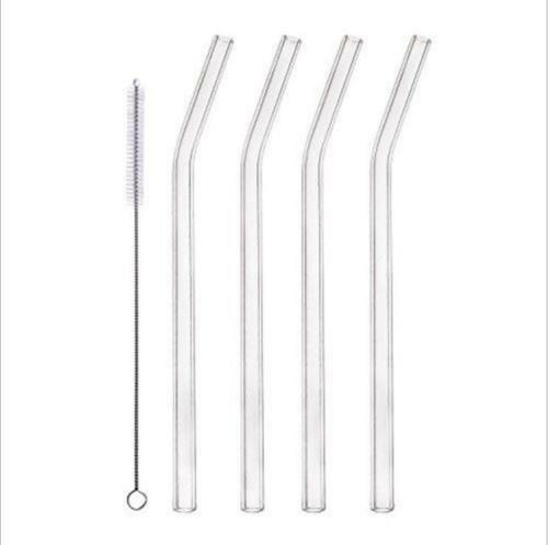 4Pcs Reusable bent Glass Tube Drinking Straw+ Cleaning Brush Clear