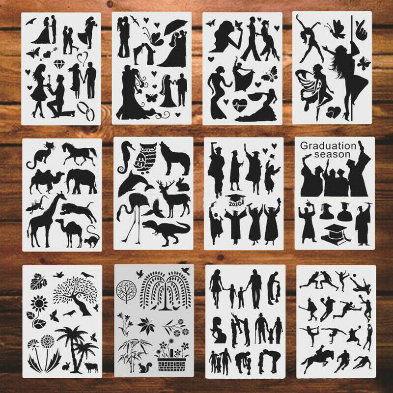 12X A4 Mix Style Painting Scrapbook Stencils DIY Wall Arts Embossing Decorat SJ