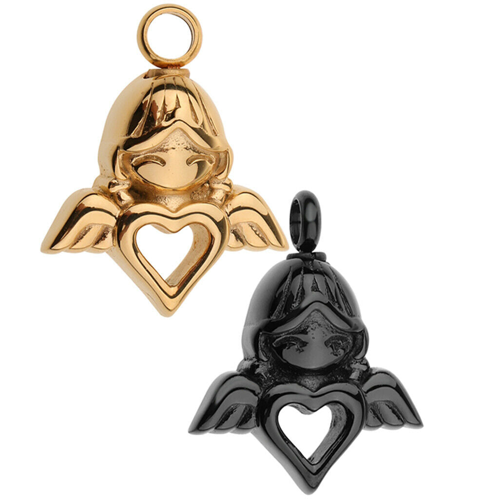 Stainless Steel Angel Wings Heart Urn Necklace Pendant Ashes Keepsake 2Pcs