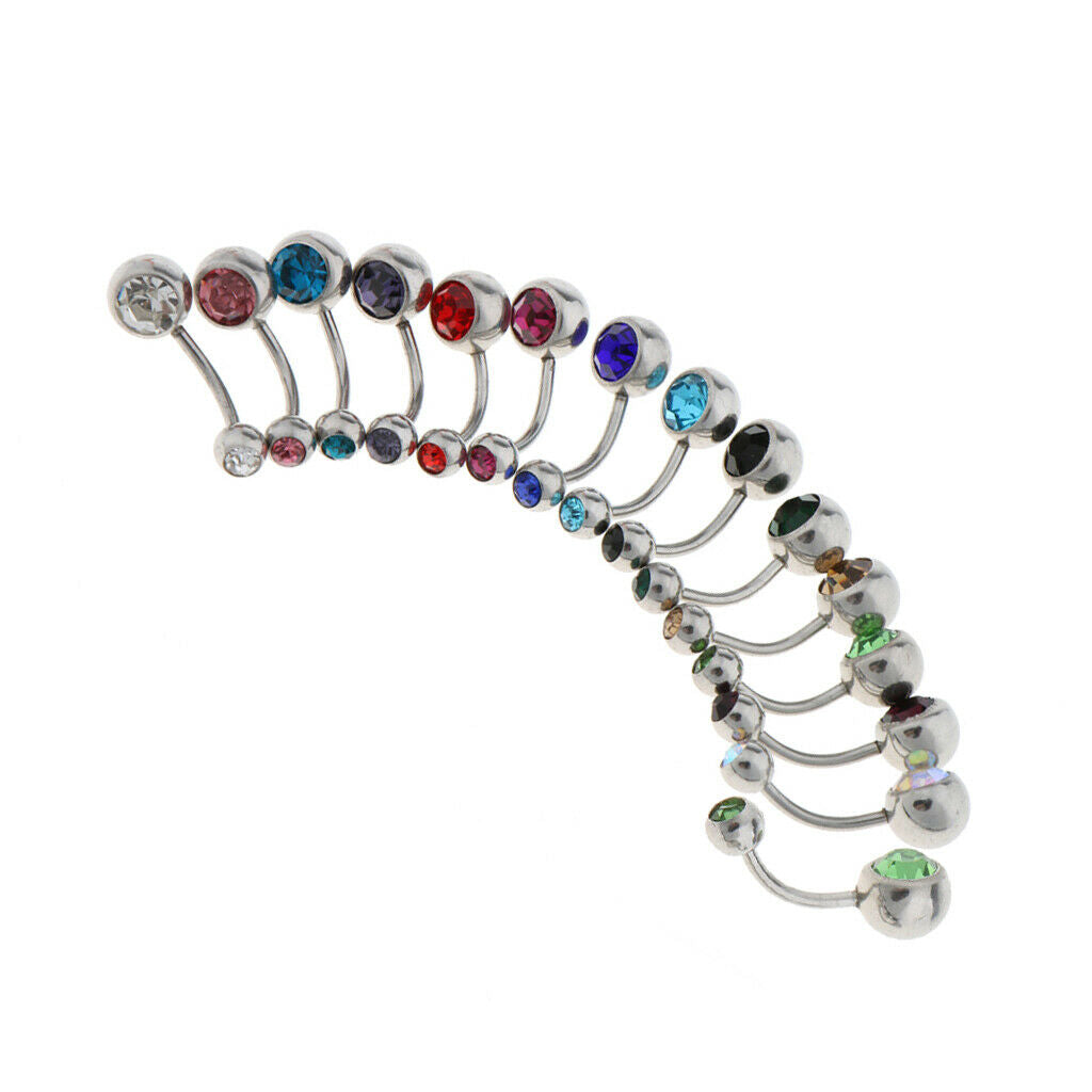 15pcs Belly Bar Double Gem Navel Barbell Belly Button Stainless Steel 14g