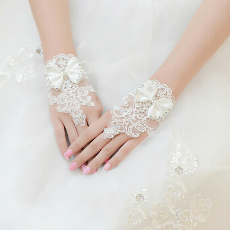 Short Lace Floral Rhinestone Bowknot Fingerless Wedding Party Bridal Glov.l8