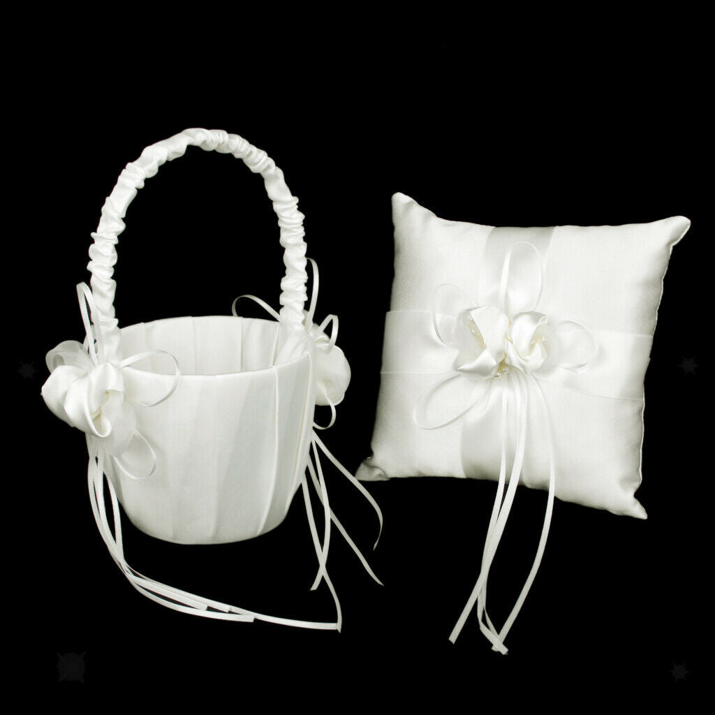White Satin Bowknot   Bearer Pillow and Wedding Flower Girl Baskets Set, 6 x