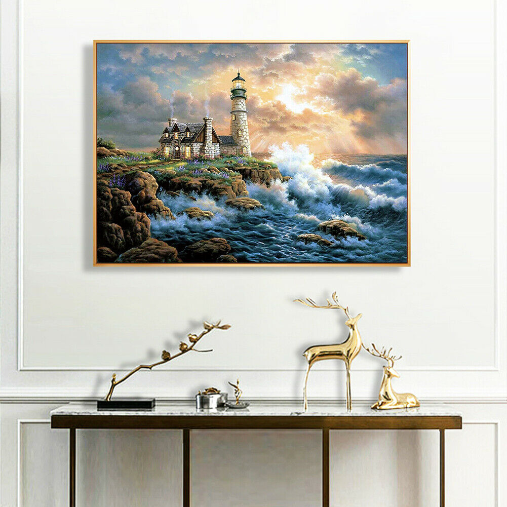5D DIY Full Drill Diamond Painting Beach Lighthouse Rhinestone Pictures Kit @