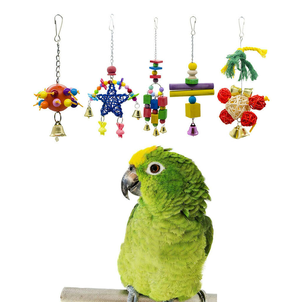 5 Pcs Hanging Parrot Chewing Toys - Multicolored Wooden Plastic and Bells