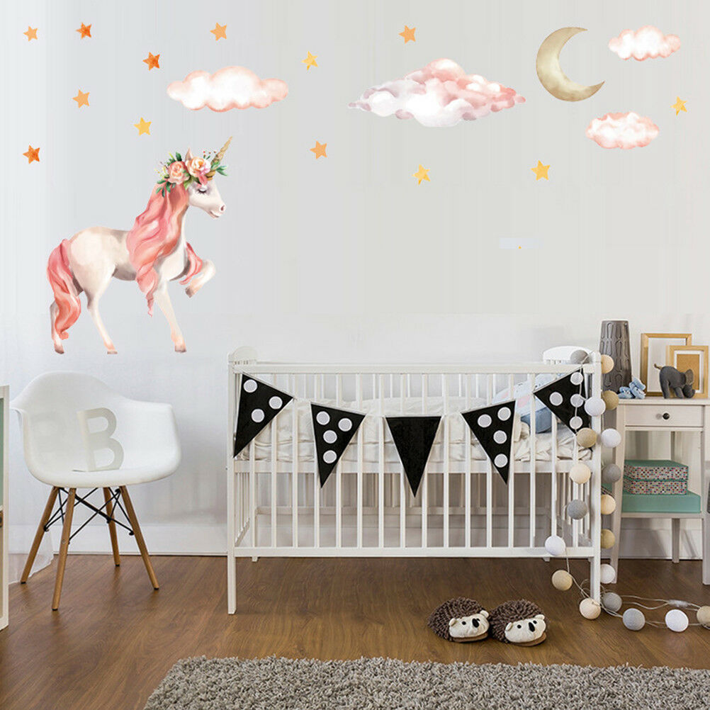 Cute Unicorns Moon Cloud Wall Stickers Nordic Style Room Decor DIY Wall D.l8