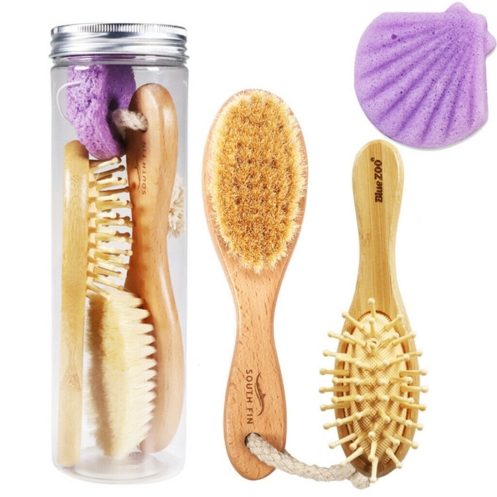 3x Goats Hair Bristle Body Newborn Brush Skin Massage Handle Natural Wooden